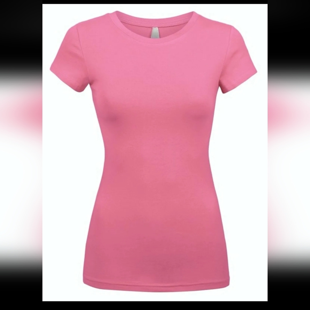 Pink round neck short sleeve casual cotton solid fitted tee shirt top
